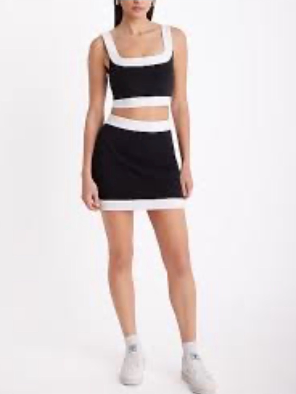 Express Black Mini Skirt with White Trim and Matching Crop Too